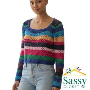 Zara Colorful Crew Neck Cropped Sweater Size S Blue Green Knit EUC ✨